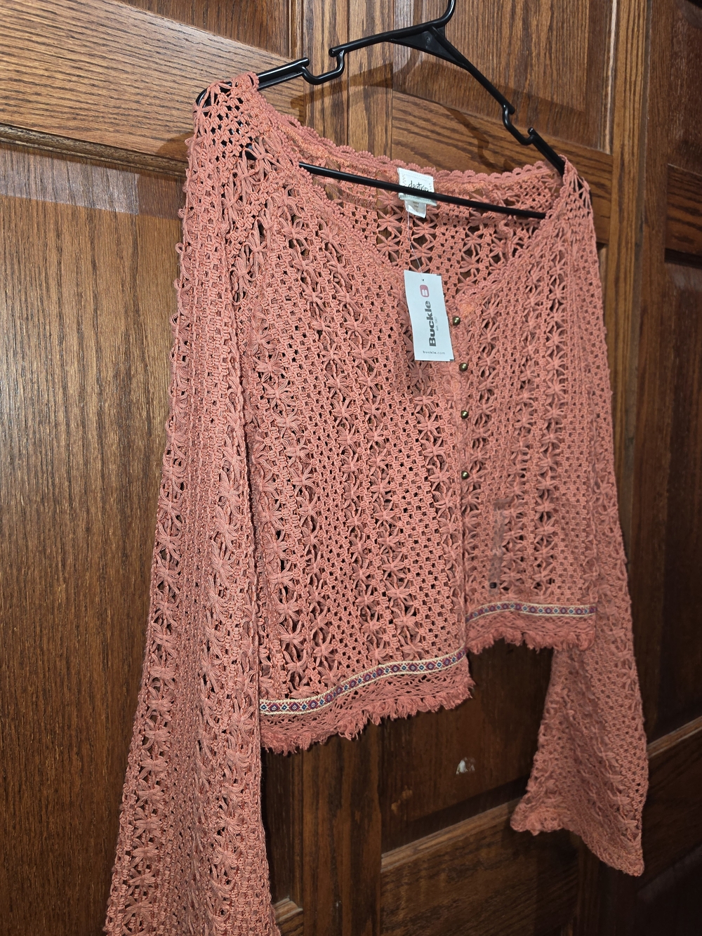 NWT Daytrip by Buckle Crochet Lace Top Large Rust Dusty Rose Bell Sleeve Boho